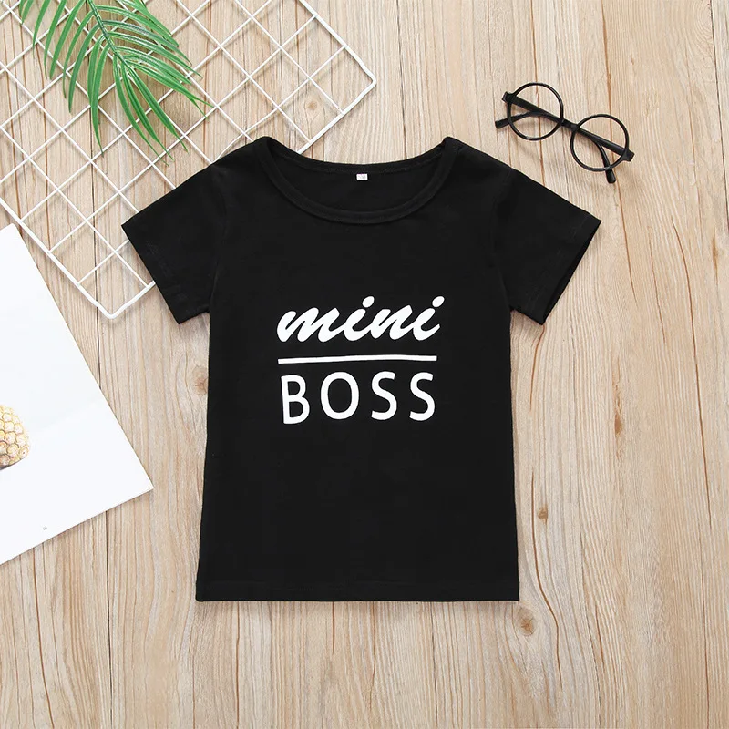 

New Style Children Pure Cotton Crew Neck Boss Lettered T-shirt BOY'S Solid Color Summer Tops