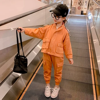 

INS HOT Girl suit 3-13 years old cotton Large epaulette pocket tooling two-piece sets Coat+ pants girls clothing spring autumn