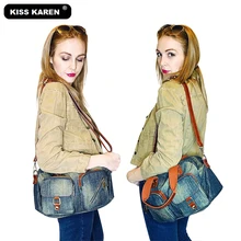 KISS KAREN, винтажные модные джинсовые сумки-тоуты, женская джинсовая сумка, женские сумки, женские сумки через плечо, Ретро стиль, с верхней ручкой, повседневные, через плечо