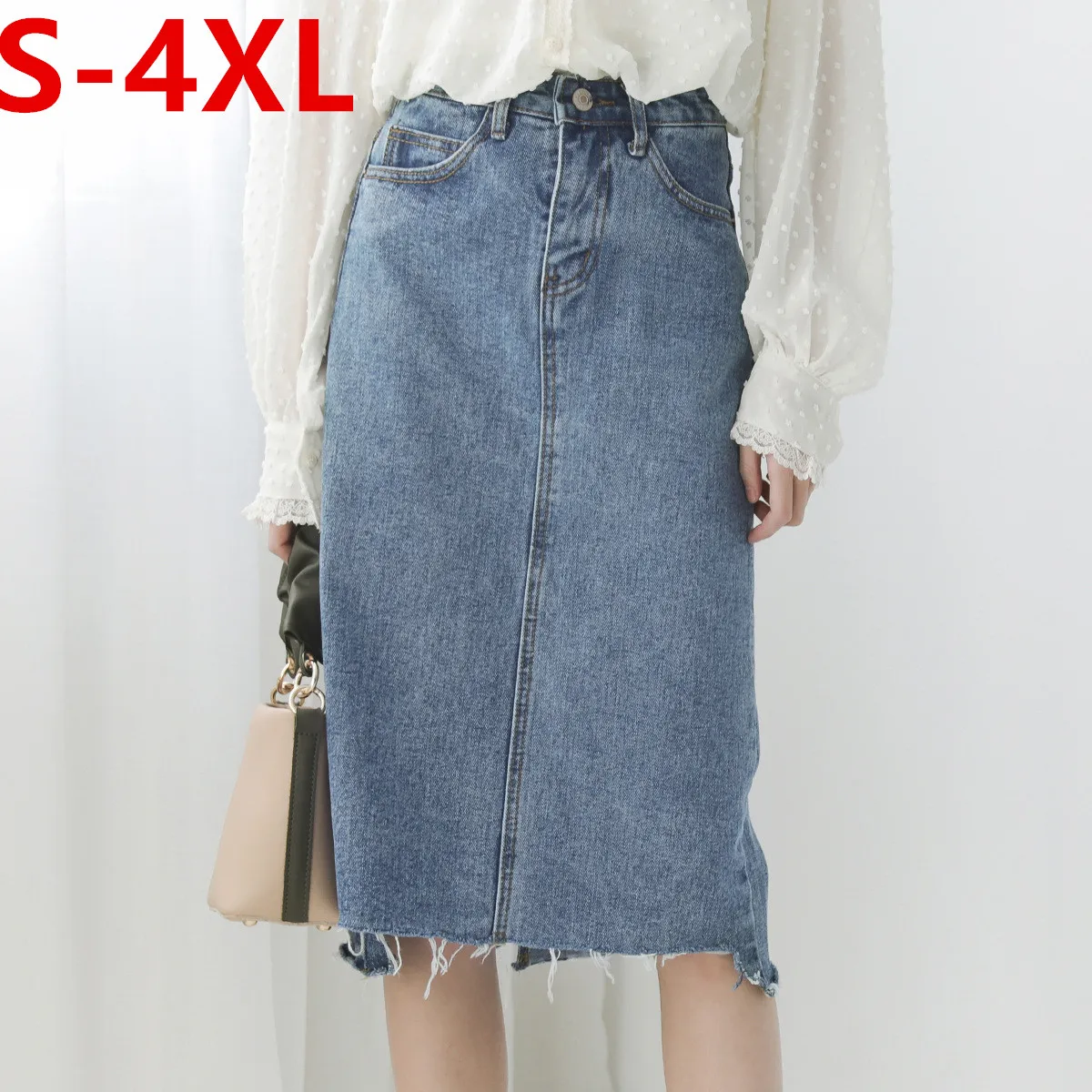 

New Women's Large Size Mid-length Denim Skirt Women's Summer Skirt High Waist Pure Color Thinning Package Hip Skirt Long Skirt