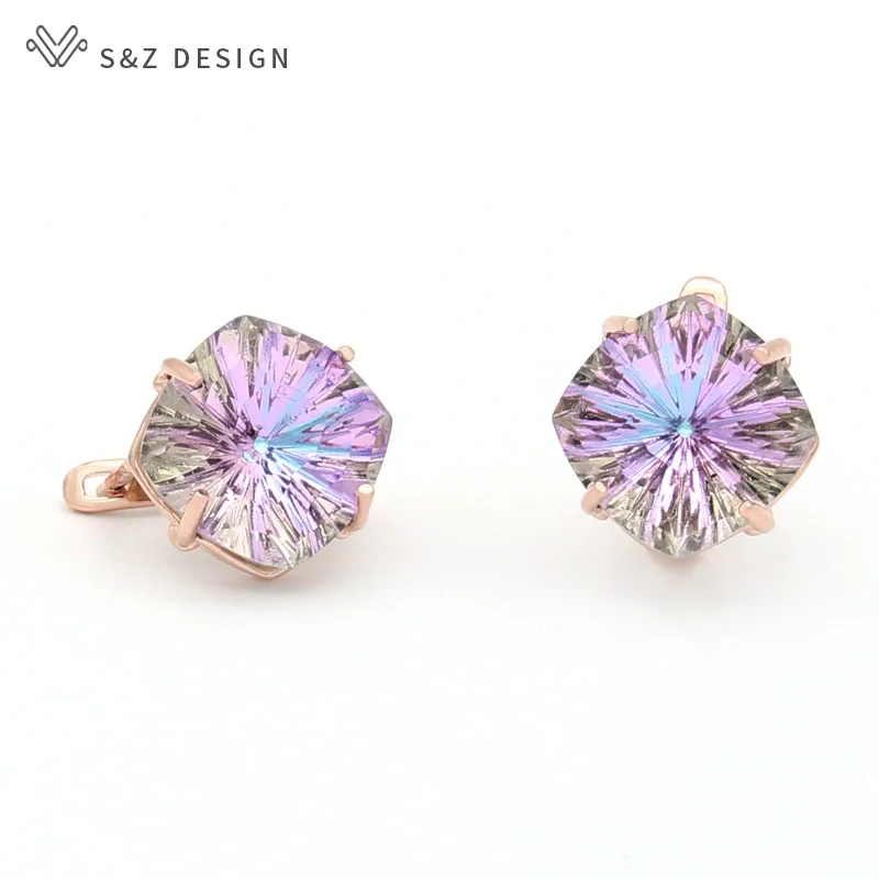 S&Z DESIGN New Elegant 585 Rose Gold Color Big Square Crystal Dangle Earrings For Women Fashion Luxury Wedding Jewelry