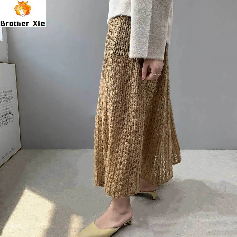 

High Women 2020 Waist Knitted Hollow Out Design Long Skirt Stretch Vintage Women Skirt Faldas Jupe Femme Saia