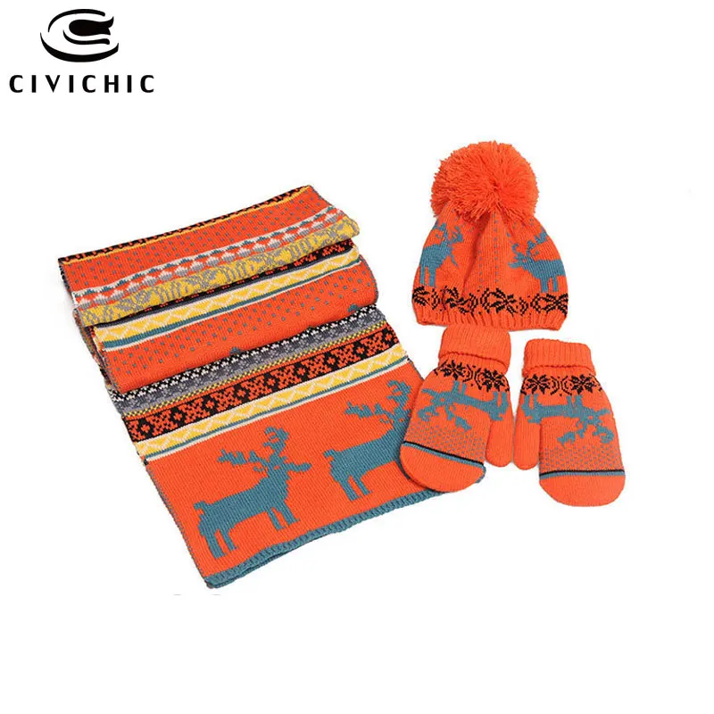 Шикарный осенне-зимний Рождественский трикотаж, шапка, шарф, перчатки, комплект из 3 предметов, теплые флисовые рождественские шапочки с помпоном, вязаные крючком шапки, шали, шапки, варежки SH115 - Цвет: Orange 3PCS