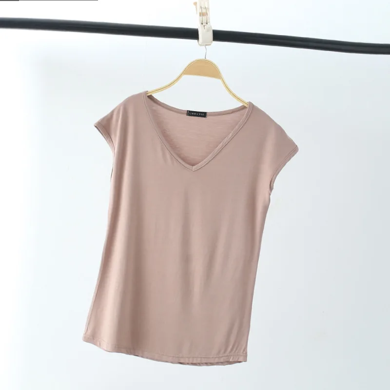 Solid V Neck Basic Tshirt Women summer modal Loose Tee Tops Casual undershirt M to 2XL235_voghion.com