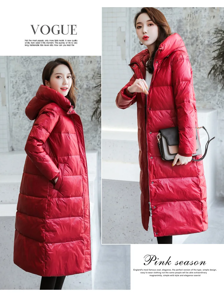 new Anti-season down jacket female long section over the knee thickening bright white duck down fashion Korean Slim