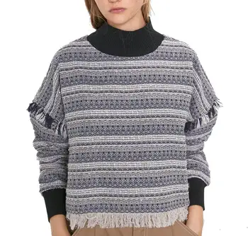 

2019 ZA WOMEN'S FASHION TWEED TOP HIGH NECK WITH FULL SLEEVE ribbed trims TASSELS PULLOVER FOR WOMEN