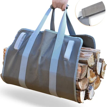 

SHGO HOT-Grey Outdoor Firewood Wood Holder Bag with Handles Tote Patchwork Carrying Bag Foldable Bag