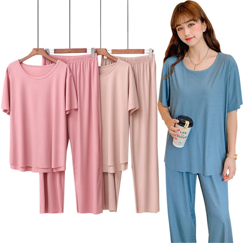 

Ice Silk Pajamas Women Summer Short-sleeved Home Service Suit Luxury Brand Casual Fashion Home Service 2pc Loose Robe Pijamas