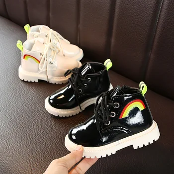

Autumn 2019 New Children's Boots Korean Version of Solid Color Leather Surface Martins Boots Side Zipper Rainbow Shoes