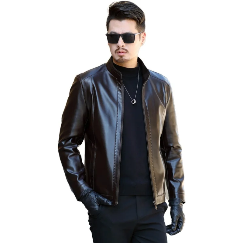 

2019 Autumn Winter Men's Leather Jacket Casual Fashion Stand Collar Motorcycle Jacket Men Slim Style Quality Leather Jacket Men