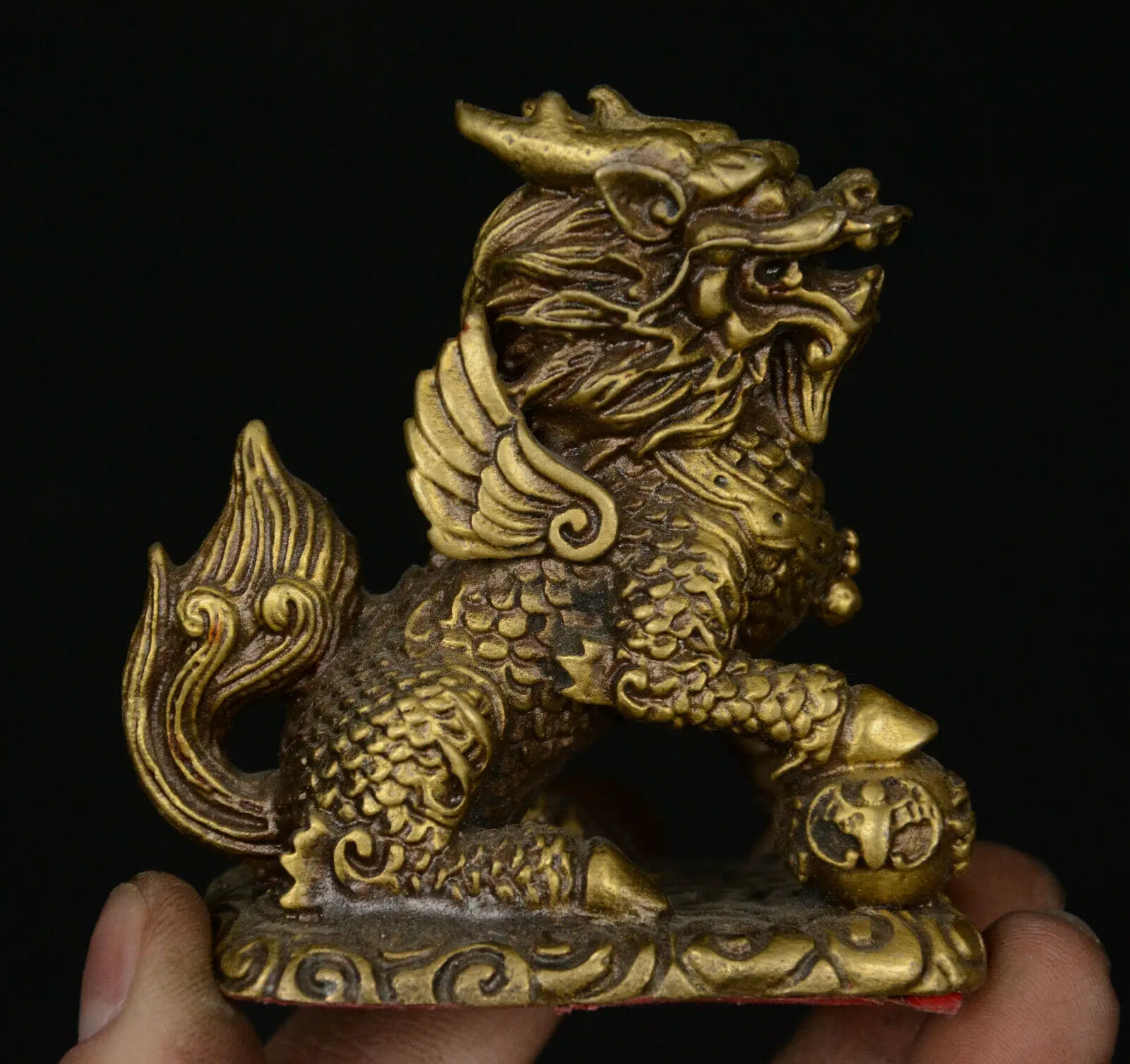 Китайский медный Бронзовый фэн шуй Животное Kylin Чи Лин Qilin зверь мяч летучая мышь