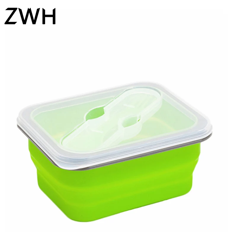 The single students microwave tableware children folding folding box bowl of silicone lunch box - Цвет: Светло-зеленый