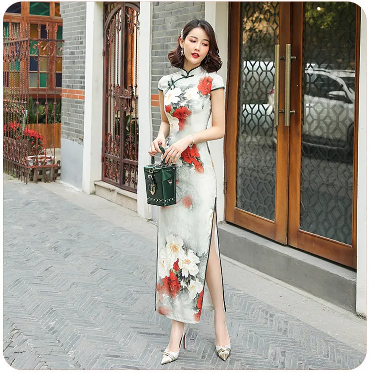 Sheng Coco вискоза цветы китайский Cheongsam женское Ретро длинное платье Классический длинный китайский стиль Qipao платье