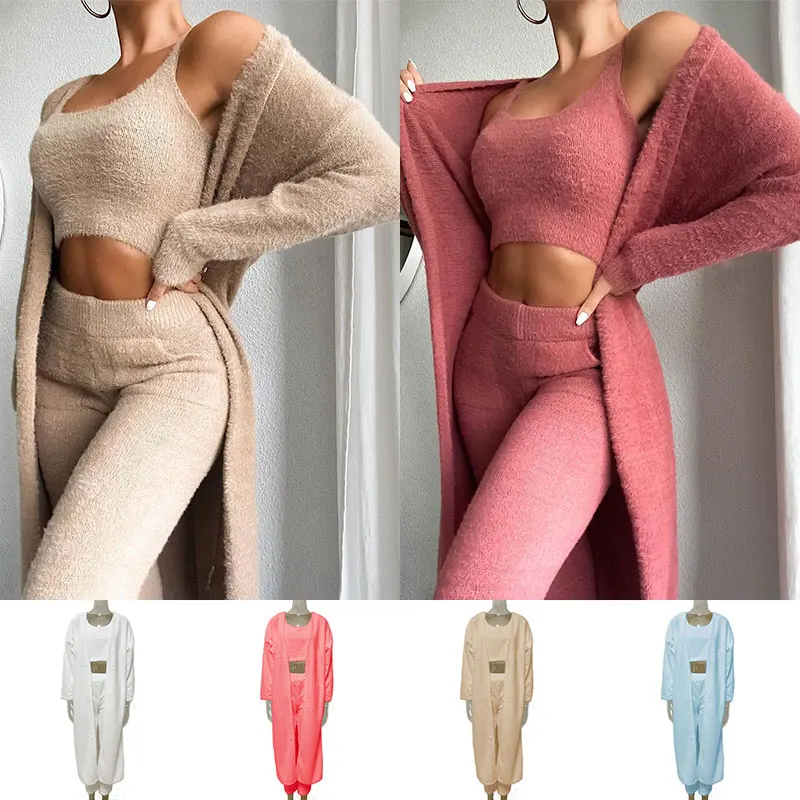 

3 Pcs Set Women Lace Up Long Sleeve Cardigan Coat Loose Wide Leg Pants Tube Set Coat Pyjamas Lounge Wear Pants Tracksuit