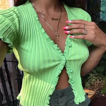 

Summer Women Ruched Stretch Tee tops Solid Basic Button up Short Sleeve Deep V Split T Shirt Ribbed Knit Club Casual Crop top