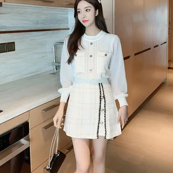 

New arrival Runway korean Sweet knitted patchwork Chiffon Top + high end party tweed dress Women's clothes 2 Piece Set