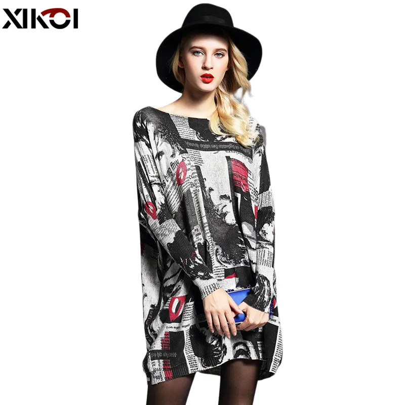 XIKOI Women Oversized Sweater Dress Autumn Pullovers Batwing Sleeve Patchwork Print Slash Neck Pull Femme Knitted Sweaters | Женская