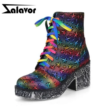 

ZALAVOR Women Ankle Boots Fur Warm Winter Shoes For Women Colorful Prin Star Zipper Square High Heel Boots Plus Size 34-44