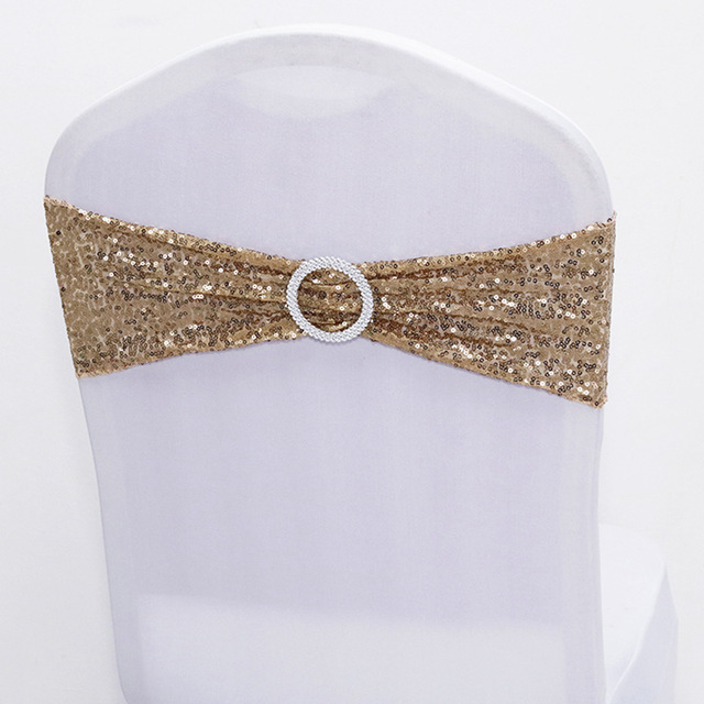 Quality Shiny Sequin Rose Gold Stretch Bands With Round Buckle For Wedding Events Party Decoration Spandex Chair Sashes