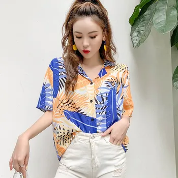 

Summer Beach Style Loose Blouse Women Tops Leaf Printed Vintage Short Sleeve Casual Hawaiian Beach Shirts