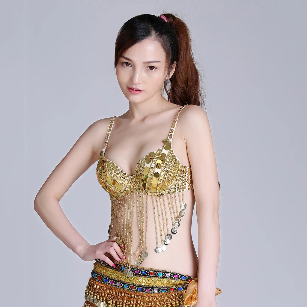 Belly Dance Sequins Beaded Bra Top Latin Samba Dancing Costumes Bikini