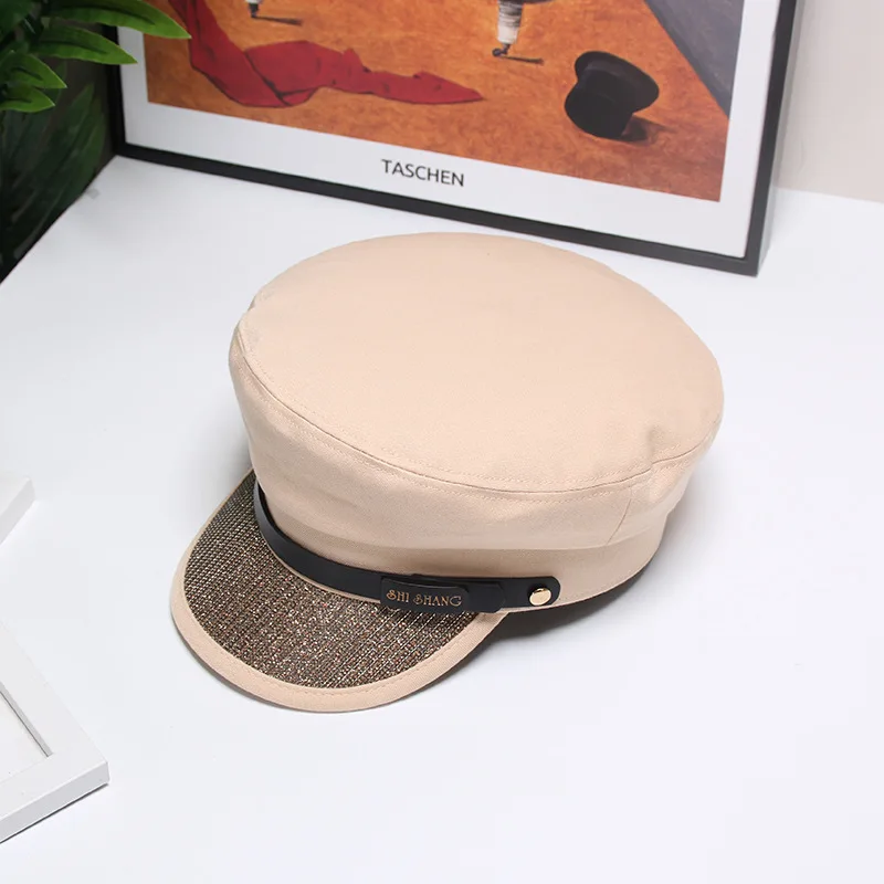 Роскошные винтажные кепки с плоским верхом Newsboy, модные женские шляпы с блестящим солнцезащитным козырьком, женские шляпы капитана яхты - Цвет: Бежевый
