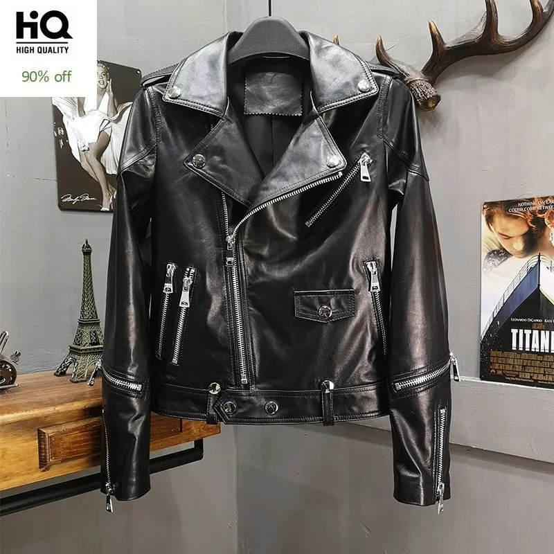 

2020 New Motorcycle Female Sheepskin Leather Jacket Women Short Zippers Punk Genuine Leather Jacket Rock Stage Outerwear Coats