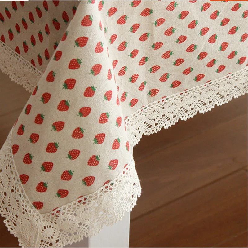 

Soft Cotton Linen Country Style Strawberry Tablecloth with Lace Hem for Dining Room Picnic Mat Home Cushion Cover Decor