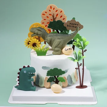 

Dinosaur Cake Toppers Jungle Safari Birthday Cake Decor Creative Funny Children's Day Favor Dino Egg Palm Felt Tree Cake Flag