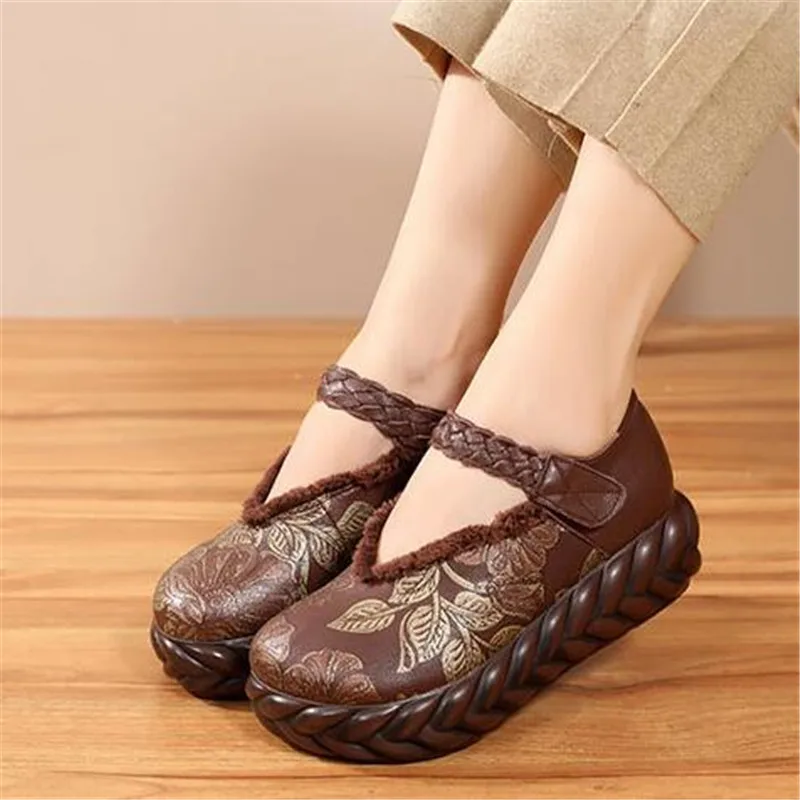 

High-end Printing Retro Real Leather Shoes Woman Increase Platform Shoes High Heels Fashion Banquet Shoes Women High Heel Shoes