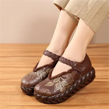 

High-end Printing Retro Real Leather Shoes Woman Increase Platform Shoes High Heels Fashion Banquet Shoes Women High Heel Shoes