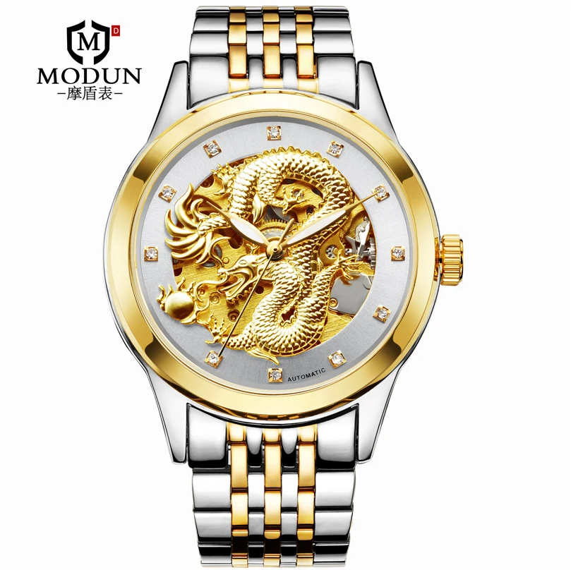 

2019 Brand Mechanical Watches 3D Chinese Dragon Pattern Men's Wristwatch Gold Steel Belt MOHDNE relogio masculino