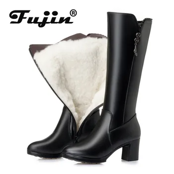 

Fujin Wool Snow Boots Women Fur Warm Shoes Plush mid calf Boots Fashion Zipper Warm Genuine Leather Platform Women Winter Boots