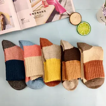 

5 Pairs Korean Women Faux Wool Crew Socks Color Block Winter Thick Warm Hoisery