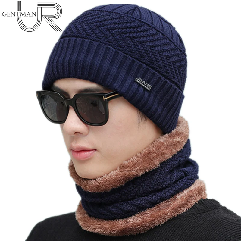 2pcs / комплект шапка мода шапка мужская зимняя вязание шапки для мужские теплый толстый плюс футеровка акрил шапка