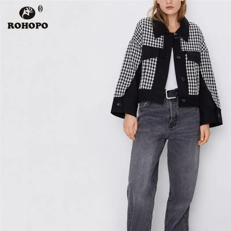 

ROHOPO Houndstooth Patchwork Jacket Lapel Collar Side Flaps Welted Pockets Thick Outwear Buttons Closure Loose Jackets #362
