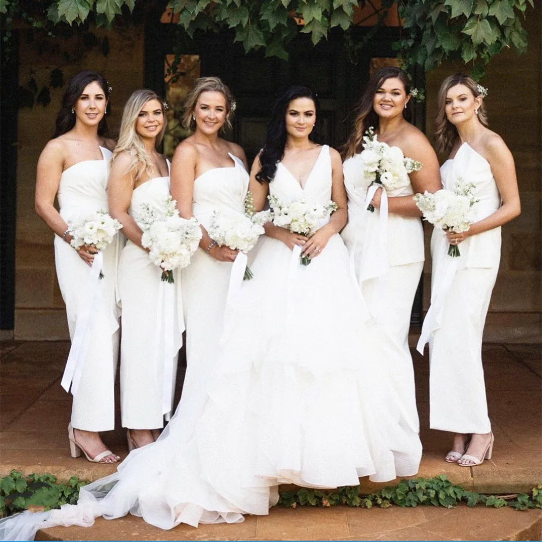 

Elegant Long Satin Scalloped Bridesmaid Dresses with Bow Ankle Length Pencil Style Robes de Soirée for Women