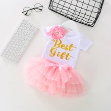 Одежда на первый день рождения для маленьких девочек, комплекты с юбкой-пачкой для новорожденных, комплект из 3 предметов, белый комбинезон, топ, шаровары, комплекты с накидкой на подгузники, 0-24 мес