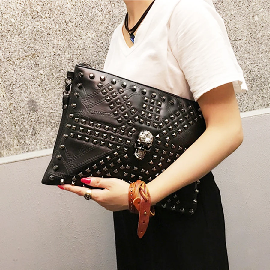Fashion Skull Women Messenger Bag Rivet Envelope Mini Clutch Cross Small Handbag shopping Mini Black Beach Bag