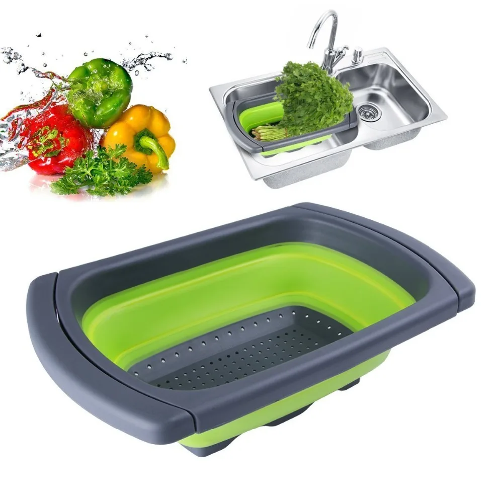 

Silicone Collapsible Over The Sink Retractable Colander With Handle Kitchen Folding Strainer Bowls Drain water filter basket