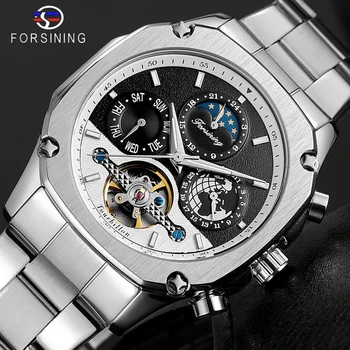 

Forsining Automatic Watch Mens Tourbillon Mechanical Silver Square Stainless Steel Moonphase Male Self-Winding Relogio Masculino