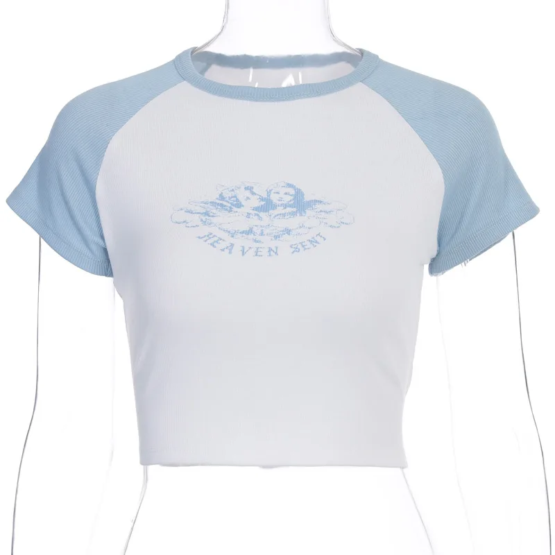 New Angel Print T-shirt Casual Top Summer Women's Short-sleeved T-shirt Women's Stitching Color Sexy Navel Short-sleeved T-shirt