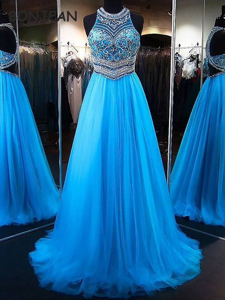 Vintage Beading Evening Dresses A-Line Princess Jewel Sleeveless Sweep Brush Train Tulle Prom Party Dress | Свадьбы и торжества