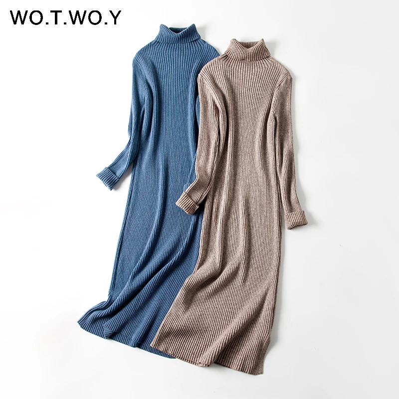 WOTWOY 2020 Winter Long Straight Sweater Dresses Women Casual Thick Knitted Turkleneck Dress Woman Slim Mid-Calf Dress Lady Blue