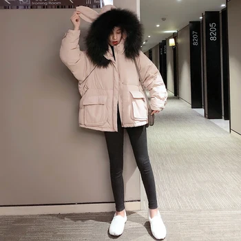 

Ailegogo Winter Women Big Raccoon Fur Collar Rabbit Hooded Down Parkas Casual Female 90% White Duck Down Coat Warm Snow Outwear