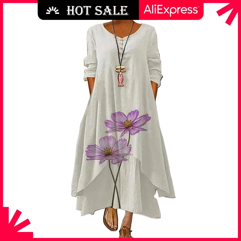 MOVOKAKA-maxivestido con estampado Floral para mujer, vestido Vintage de manga larga, elegante, cuello redondo, informal, de talla grande, para fiesta, 2021