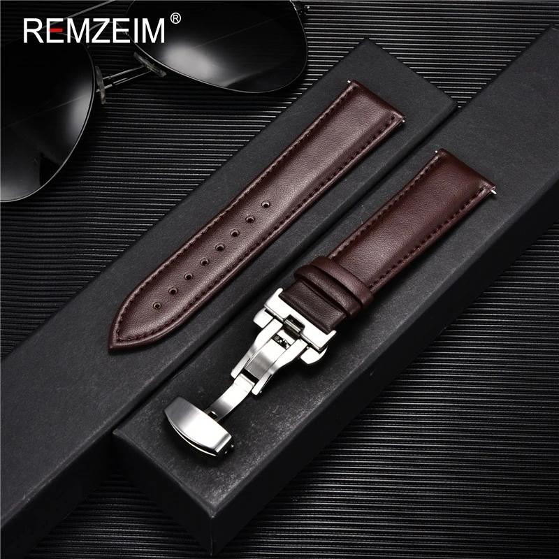 REMZEIM Calfskin Leather Watchband with Stainless Steel Butterfly Buckle