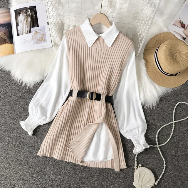 Long lantern sleeve shirt women knitted vest 2 two piece set 2021 spring autumn womens Shirts sets Sleeveless Sweater tops Khaki Sets