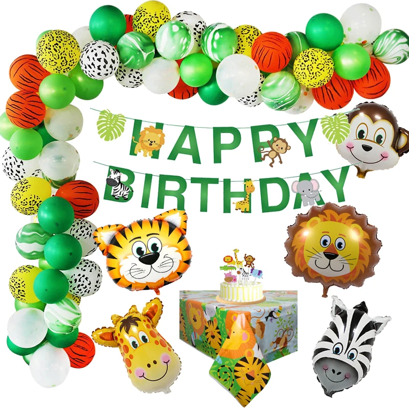44pcs/Set Jungle Safari Theme Party Birthday Decoration Boy Kids Animal Banner Cake Topper Tablecloth Jungle Birthday Supplies