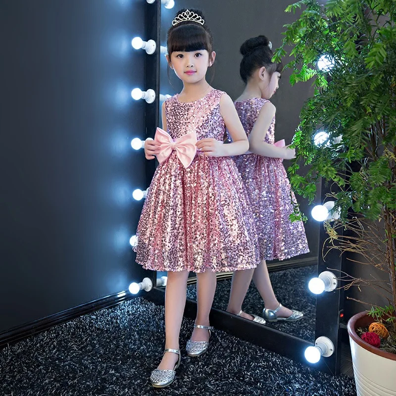 Нарядное платье для девочек на Рождество; Новинка года; Золотое вечернее платье Шампань с блестками и бантом; Детские платья принцессы; одежда для маленьких девочек - Цвет: Розовый